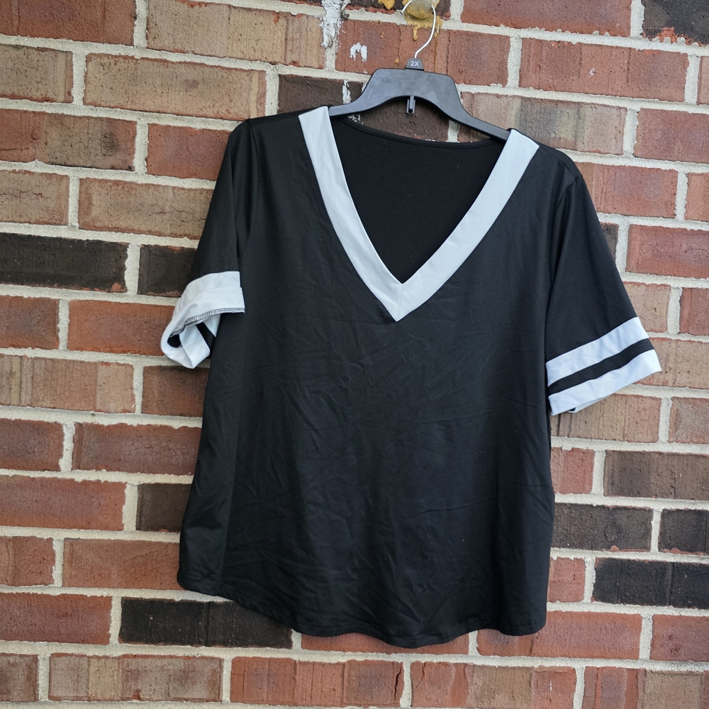 Black V-Neck T-Shirt with White Trim